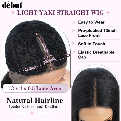 DÉBUT Light Yaki Straight Lace Front Wigs 36 Inches Super Long Wig 13x4x0.5 Middle Part Natural Hairline with Baby Hair Synthetic Wig for Women 1B Color