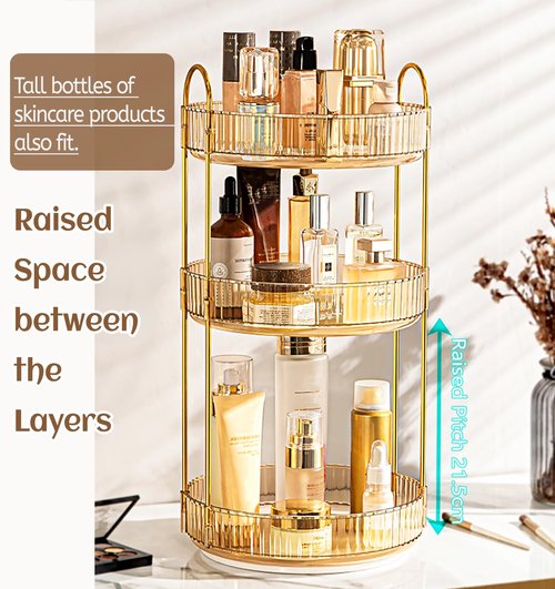 Skincare Organizers 360 Rotating, 3 Tier Round Makeup Organizer Countertop,Holder Rack Large Spinning Cosmetics Display Cases, Perfume Beauty Storage for Vanity, Countertop, Bathroom (Gold-3 Tier)