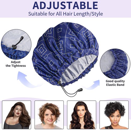 3 PCS Shower Caps for Women, Upgrade Comfortable & Extra Large & Double Layers Waterproof Bath Cap, Oversized Designed Adjustable Hem Hair Cap for All Hair Lengths/Style