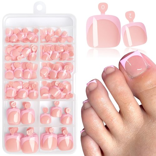 168pc Pink French Tip Press on Toenails Women Fake Toe Nails with Tabs, Nude Fake Toenails Press on Nails Toe Acrylic Nail Tips Short Square Glue Toenails Stick Artificial Toe Nails Press ons