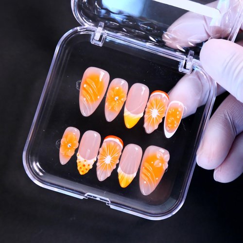 MAGLFELL Press on Nails Medium Length Almond Fake Nails, 3D Shell Nails Design,10 Pcs Reusable ABS Material Finger Painting Nail Tip Salon Artificial Nails for Women (Size M)