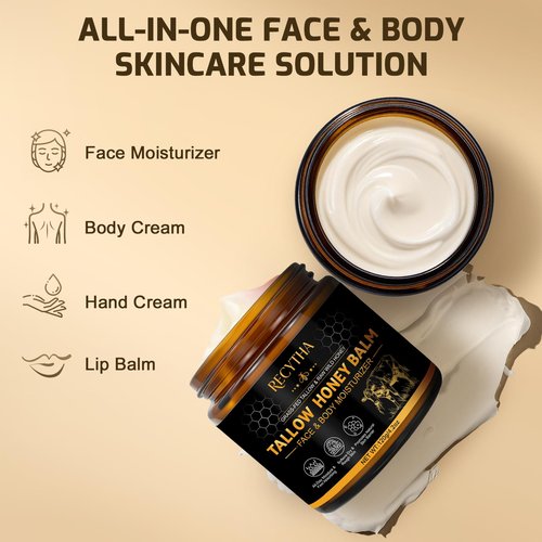 Beef Tallow for Skin, Tallow and Honey Balm, Organic Grass-Fed Beef Tallow + Raw Wild Honey, Jojoba Oil, Face & Body Moisturizer for Dry/Sensitive Skin, Deep Nourishing Natural Formula, Light Scent