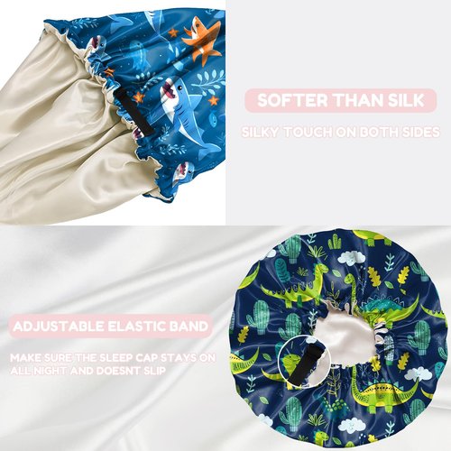 BHAHB 2 PCS Kids Bonnets for Girls Boys Satin Silk Hair Bonnets Double Layer Elastic Adjustable Hair Caps for Sleeping Reusable Cute Aesthetic-Shark Dinosaur