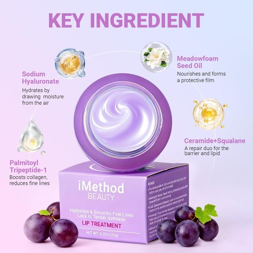 iMethod Lip Mask Overnight - Lip Sleeping Mask for Dry Lips, 8-Hour Hydrating Lip Balm with Hyaluronic Acid, Intense Moisturizing Lip Treatment to Nourish & Repair - Grape