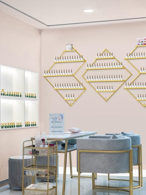 EBANKU Metal Wall Mounted Nail Polish Storage Racks, Gold Display Rack Cosmetic Display Case Lipstick Wall Shelf Essential Oil Organizer for Nail Polish Bottles Spa Nail Salon (Irregular Rhomboid)