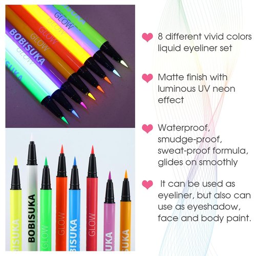 BOBISUKA UV Neon Liquid Eyeliner Set - 8 Matte Waterproof Pigmented Colors for Eye Makeup Gift