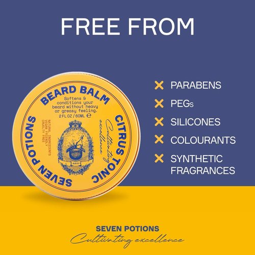 Seven Potions Beard Balm - All-Natural Conditioning Softener for Men | Nourishes Skin & Facial Hair - Citrus Tonic (2 FL OZ)