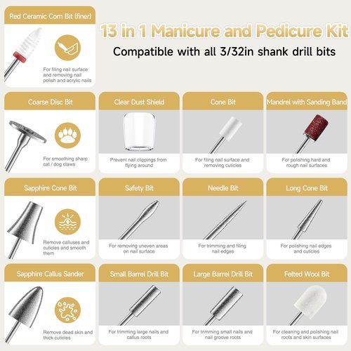SnnyNyx Cordless Electric Nail Drill 35000 RPM, Professional Nail File Kit with LCD Display, 12 Bits & 36 Sanding Bands, for Acrylic Gel Nails, Pet Claws, Salon & Home Use (Sand Dune)