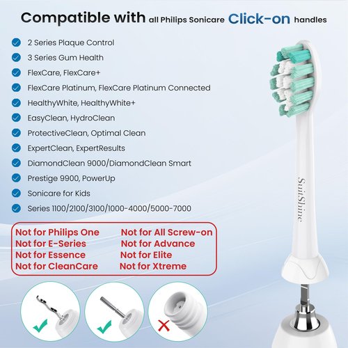 SuitShine Replacement Toothbrush Heads Compatible with Philips Sonicare and More Click-on Handles 8 Pack White