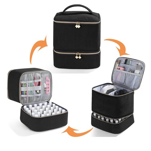 Corduroy Nail Polish Organizer and Nail Lamp Case, Nail Kit Organizer Holds 30 Bottles (15ml - 0.5 fl.oz) and a Nail Lamp, Nail Polish Carrying Case with Manicure Tools Storage Sections (Black)