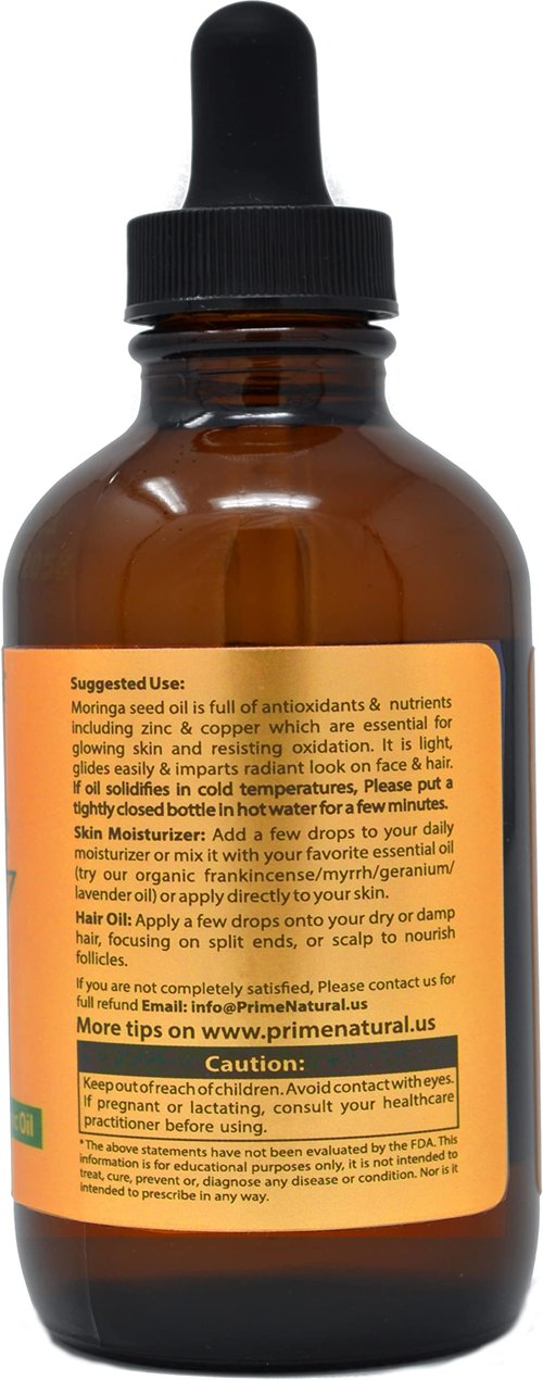 PRIME NATURAL Organic Moringa Oil USDA Certified, 100% Pure, Cold Pressed, Virgin, Unrefined Oil (4oz /120ml) - Joints, Skin, Face, Body & Hair - Vegan - Food Grade - Natural Moisturizer