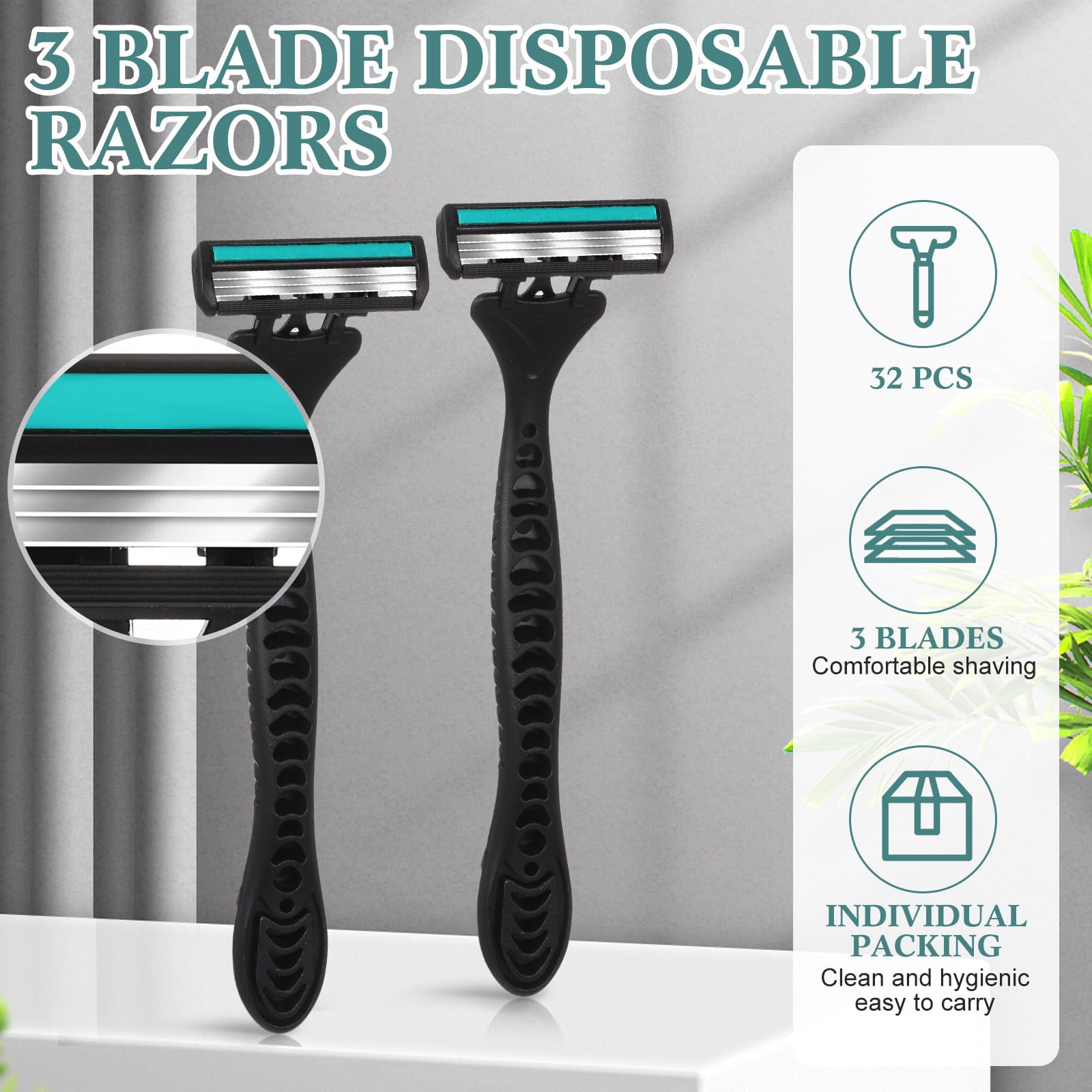 Wovnet 32 Pcs Men's Disposable Razors Bulk 3 Blade Shaving Razors for Sensitive Skin Comfortable Head Shave Easter Gifts