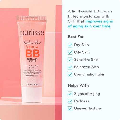 Pūrlisse Ageless Glow Serum BB Cream SPF 40 - Radiant BB Cream with Bakuchiol & Vitamin C for Youthful Skin - Light Medium (1.4 oz)