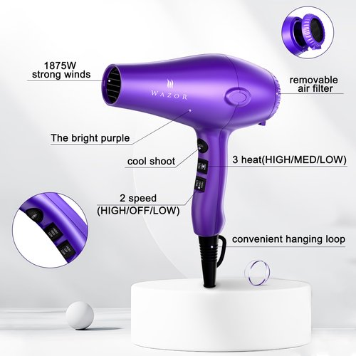 1875W Professional Hair Dryer, Lightweight & Quiet Ionic Blow Dryer, Tourmaline Ceramic Technology for Fast Drying with 2 Speeds & 3 Heat Settings, Damage-Free Shiny Hair, Cool Shot Button, Purple