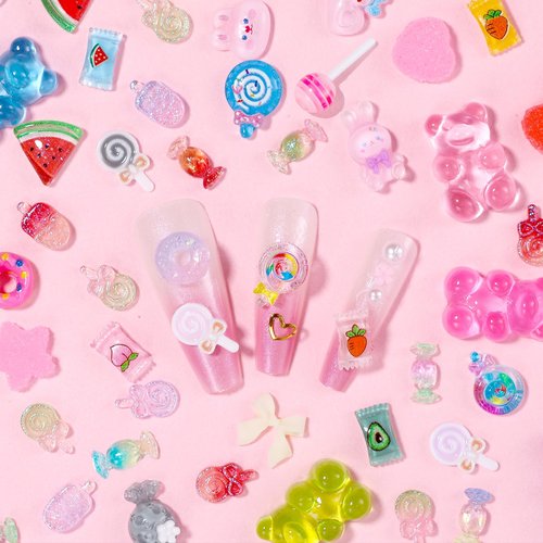 3D Candy Acrylic Nail Charms, Multi Color Cartoon Gummy Bear Fruit Lollipop Donut Ice Cream Heart Star Bows Acrylic Nail Art Charms, Candy Charm for Nails Art DIY Crafts Accessories