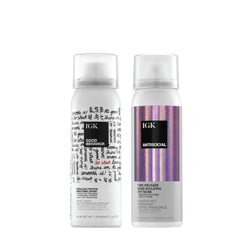 IGK Hair Treatment Travel Size Set - Antisocial Dry Hair Mask & Good Behavior Spray | Vegan, Cruelty-Free, Bond-Building Duo