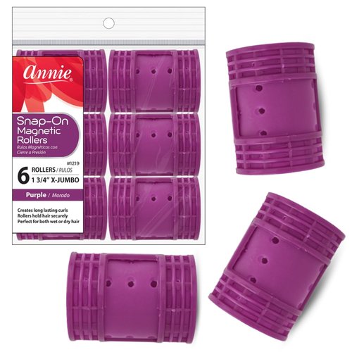 Annie Snap-On Magnetic Hair Rollers - Extra Jumbo 1.75 Inch for Secure Hold - Purple, 6 Count