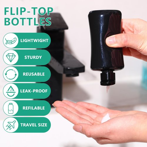Domensi 12 Pcs Black Travel Bottles with Flip Cap Plastic Travel Size Toiletries Bottles Portable Leak Proof Squeeze Container Refillable Empty Cosmetic Containers for Liquid Shampoo Lotions (3.4 oz)