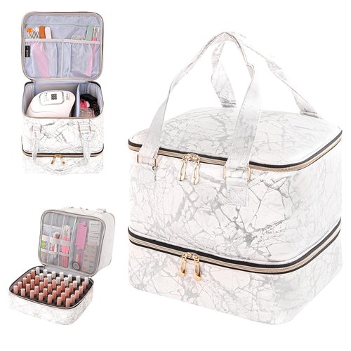 KGMCARE Nail Polish Organizer, Double Layer Nail Polish Storage Bag Carrying Case Holds 42 Bottles with Nail Dryer Lamp Portable Manicure kit supplies Organizer （White）