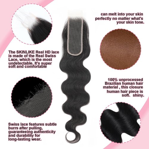 KRN 2x6 HD Lace Closure Body Wave, 0.1mm Ultra-thin Invisible Swiss HD Lace Pre Plucked with Baby Hair Long Deep Parting 2x6 Body Wave Closure Virgin Hair 16Inch