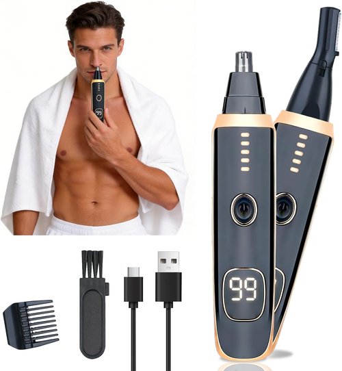 Skiennix Nose and Ear Hair Trimmer - 2-in-1 LED Display, USB Rechargeable, Waterproof, Dual-Edge Blades | Black Gold