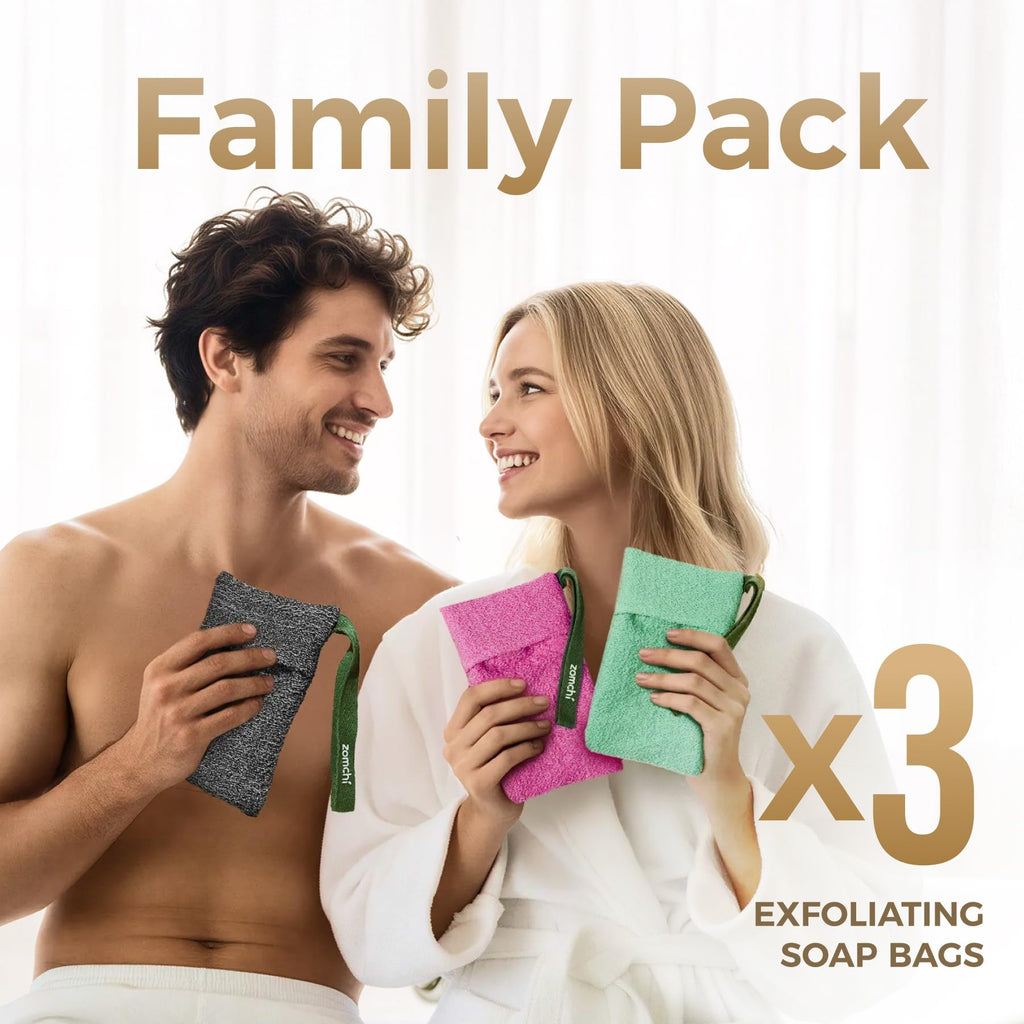 ZOMCHI 3 Pack Exfoliating Soap Bag, Body Scrubber Sponge, Soap Savers for Bar Soap, Soap Bar Pouch for Deep Exfoliation