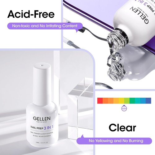 GELLEN Nail Primer & Dehydrator - 3-in-1 Acid-Free Formula with Squalane for Healthy Nails | 15ML