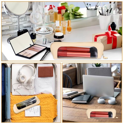 Kifmurase 2Pcs Clear Makeup Brush Bag, Leather Slim Makeup Case, Portable Transparent Waterproof Cosmetic Pouch with Zipper, Double Sided Clear Bag for Women Travel Storage (White, Pink)
