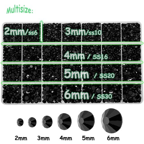 22000pcs Black Rhinestones for Bedazzling Kit, 2mm 3mm 4mm 5mm 6mm Flatback Black Gems Bedazzling for Crafting, Non-Hotfix SS8-SS30 Gems Bedazzler with B7000 for DIY Nails Decoration