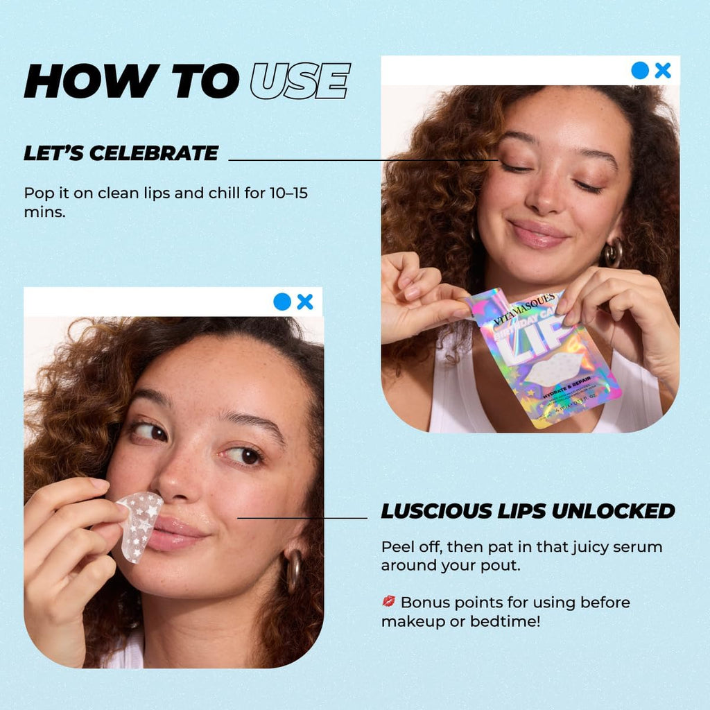 Vitamasques Lip Mask | 3-Pack Birthday Cake Collagen Sheets for Hydration & Repair - Vegan & Cruelty-Free