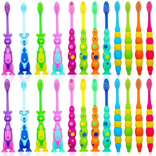 Lauwell Toddler Toothbrush Pack - 24 Pieces, Soft Bristle Animal Toothbrushes with Covers, Suction Cup, Sensitive Teeth