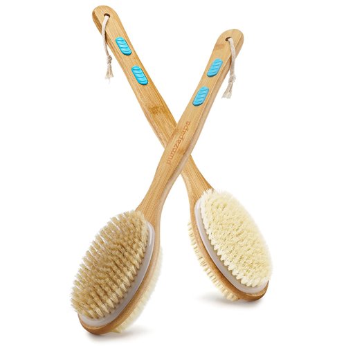 Pumzapapa Body Brush with Back Scrubber, Double-Sided Long-Handled Bath Brush with Soft and Firm Bristles for Gentle and Deep Exfoliation, Wet/Dry Use, 2 Pack
