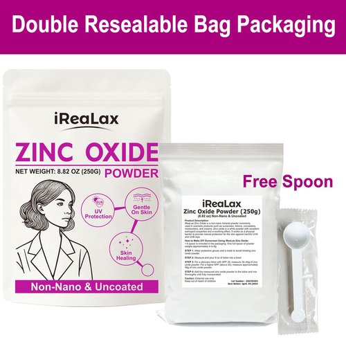 iReaLax Zinc Oxide Powder | 250g(8.82oz) Non Nano Uncoated Zinc Oxide Powder for Skin Protection, Skin Healing, Cosmetics Grade for DIY Sunscreen | lotions | Creams | serums | Deodorant