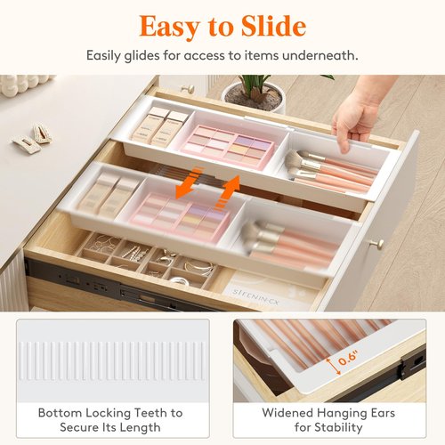 Lifewit Sliding Makeup Drawer Organizer, Fits 13-20" Deep Drawers, Extendable Hanging Divider, 1.8" High Plastic Tray for Vanity, Office, Kitchen, White,1Pcs