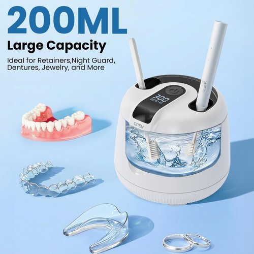 Ultrasonic Retainer Cleaner Machine, 48kHz Rechargeable Cordless Denture Cleaner with 4000mAh Battery, 200ML Dental Cleaning Pod for Dentures, Mouth Guards, Aligner, Night Guard, Jewelry White