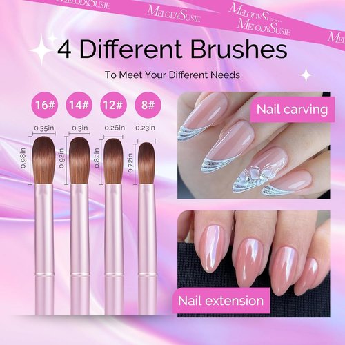 MelodySusie Acrylic Nail Brush Set - 4 Professional Brushes for Acrylic Powder & 3D Nail Art | Sizes 8-16