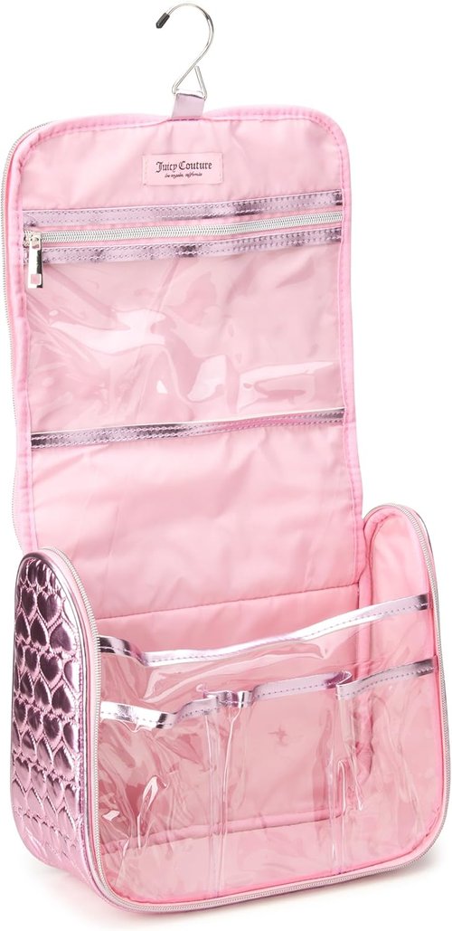 Juicy Couture Pink Makeup Bag - Shiny Puffer Heart Organizer with Hanging Hook for Travel Essentials