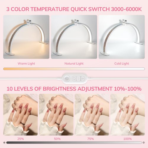 Lavinda 29'' Half Moon Light for Nail Desk, Dimmable 3000K-6000K LED Nail Table Lamp with Phone Holder & Wire Controller for DIY Manicure, Eyelash Extension, Skincare, Tattoo (Crystal Diamond)