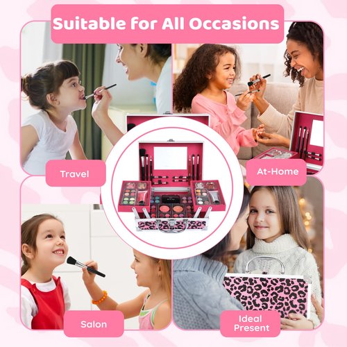 Anpro All-In-One Leopord Double Folding Makeup Kit with Case, Pro Teen Makeup Set, Full Starter Kit with Makeup Brushes, Lipsticks, Eyeshadow Palette, Blushes, Glitter Gel, Ideal Present for Girls