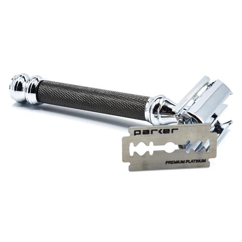 Parker 76R Butterfly Open Safety Razor - Heavyweight Gunmetal Finish with Long Knurled Handle for Precision Shaving