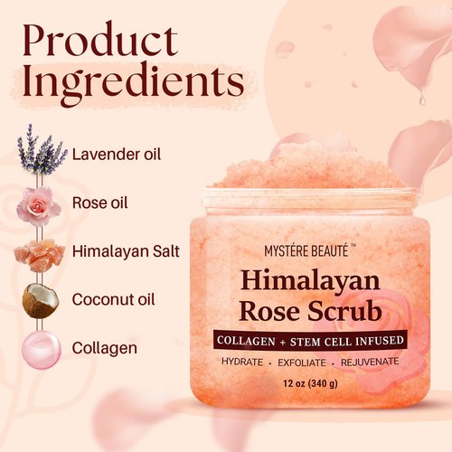 MYSTÉRE BEAUTÉ Himalayan Salt Body Scrub - Exfoliating Collagen & Rose Oil Formula (12 oz) | Reduces Cellulite, Acne & Scars