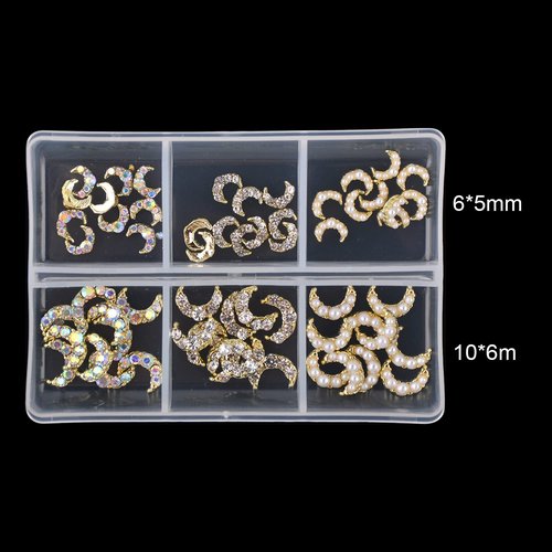 60 Pcs Moon Nail Charms Rhinestones 3D Shiny Moon Shape Metal Gems Jewels Stones Gold Rhinestones Charms Design for Nails Art Accessories DIY Decoration with Storage Box