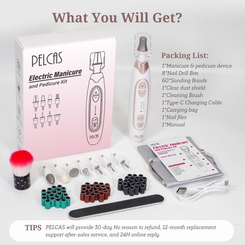 PELCAS Electric Nail File, 5 Speeds Nail Grinder for Thick Toenails, Cordless Nail Drill, Manicure and Pedicure Kit with LED Light, Toenail Grinder for Human, Thick Toenails, Natural & Acrylic Nails