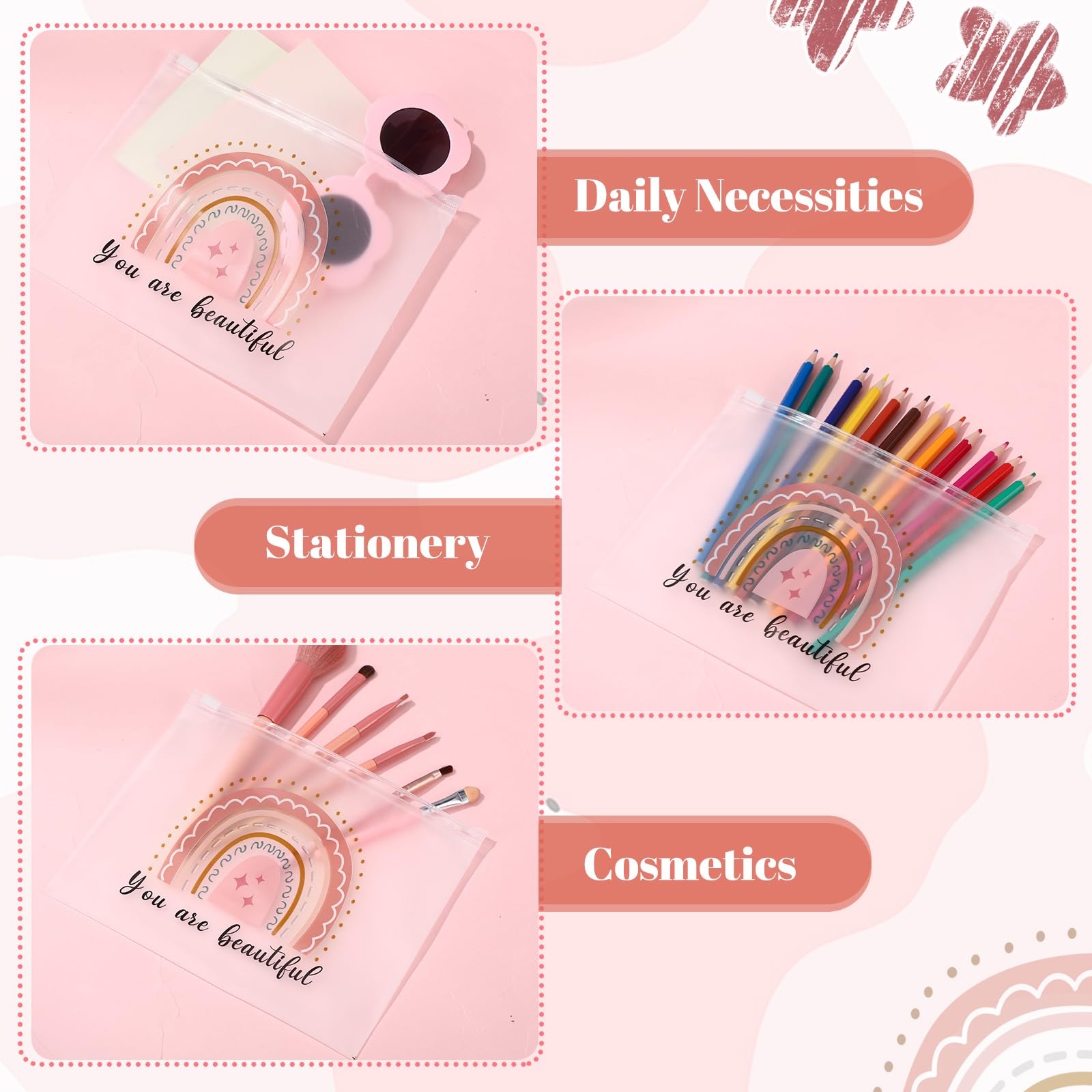 Wesiti 50 Pcs Rainbow Cosmetic Bag Inspirational Gift Motivational Quotes Christian Makeup Bag Bulk Waterproof Zipper Pouch for Women Girl Teacher Christmas Gift(You Are Beautiful)