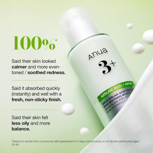 ANUA Azelaic Acid CICA Moisturizer - Lightweight Redness Relief for Acne Prone Skin | Fragrance Free, 3.38 fl oz