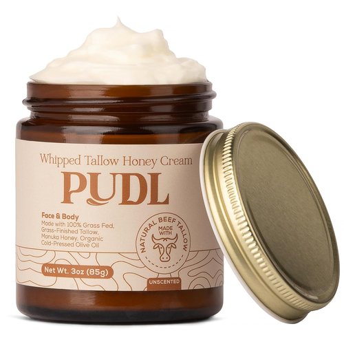 PUDL Grass Fed Beef Tallow Whipped Lotion Balm - Nourishing Anti-Aging Moisturizer with Manuka Honey & Jojoba Oil for Sensitive Skin