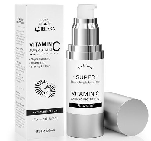 CIELARA Super Vitamin C Serum, 20% Vit C Anti Aging & Wrinkle Retinol Face Serum With Hyaluronic Acid, Vitamin E, Caffeine, Peptides For Women Face Fine Lines Wrinkle Brightening - 1 Fl Oz