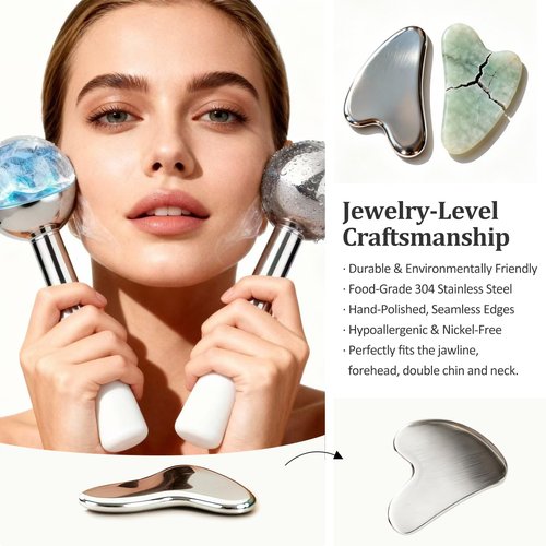 GLOLAKE Ice Roller for Face &Gua Sha Facial Tools, Stainless Steel Ice Roller for Depuffing, Lymphatic Drainage, Fine Lines&Collagen Boost on Face&Body, Valentines Day Gifts for Her/Him, at Home Spa