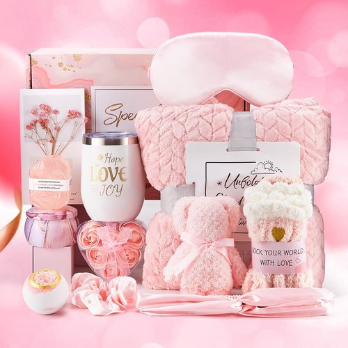 LuckyBundle Birthday Gifts for Women - Luxury Self Care Gift Basket for Her, Mom, Sister, Bestied Coworker - Unique Spa Care Package with Flannel Blanket - Ideal for Mother's Day, Get Well Soon