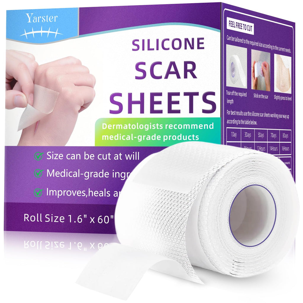 Yarster Silicone Scar Sheets, Silicone Scar Tape(1.6"x 60" Roll-1.5M), Medical Grade Scar Sheets, Scar Tape for Surgical Scars, Burn, C-Section, Keloid Scars, Acne Treatment, Stretch Marks Removal